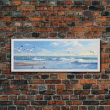 Blue Beach, Ocean Waves & Seagulls Panoramic Framed Canvas Print - Perfect for Living Room, Bedroom, Office Decor