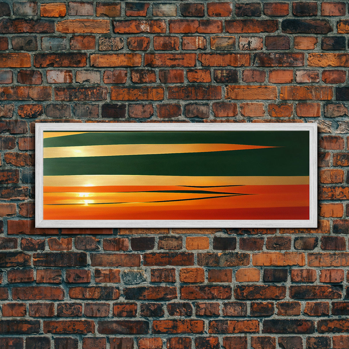 Art Deco Wall Art, Framed Canvas Print, Emerald Green and Gold Palm Tree Leaves and Sunset, Panoramic Ultrawide Art, Large Format Wall Decor