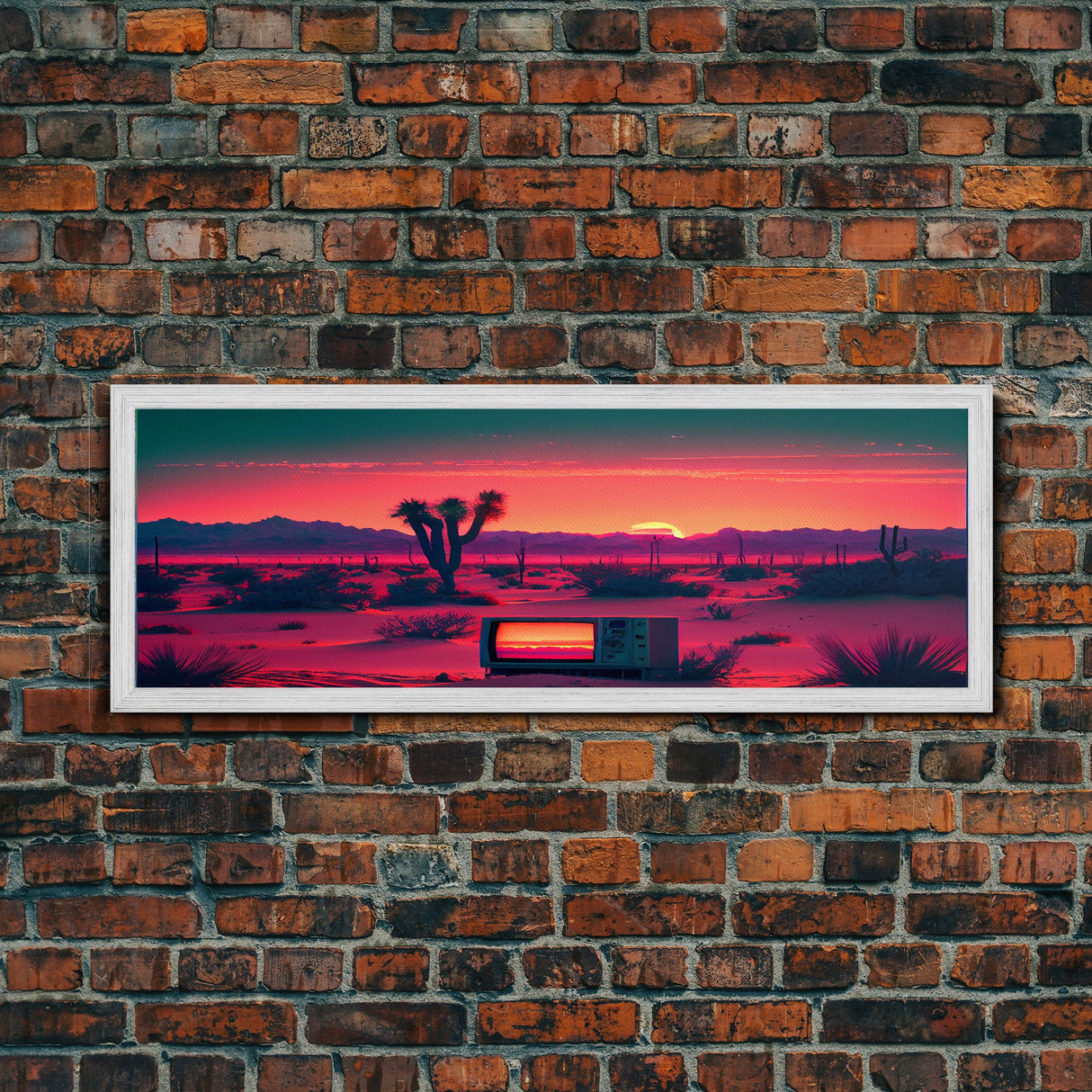 Surrealist Art, Retro TV Abandoned In The Desert, Statement Piece, but what? -  Framed Canvas Print - Synthwave Sunset Desert Art