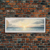 Panoramic Sea Canvas Oil Painting Print, Holiday Seascape Art, Blue Sky Cloud Mural Living Room Decor Painting Framed Wall Art