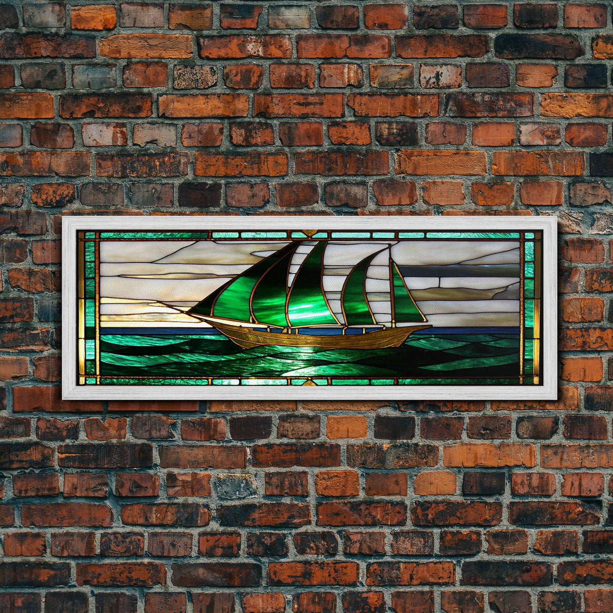 Panoramic Art Deco Sail Boat, Stained Glass, Early 20s Style Art, Roarin' 20s Art, Nautical Theme Framed Canvas Print, Extra Large Art