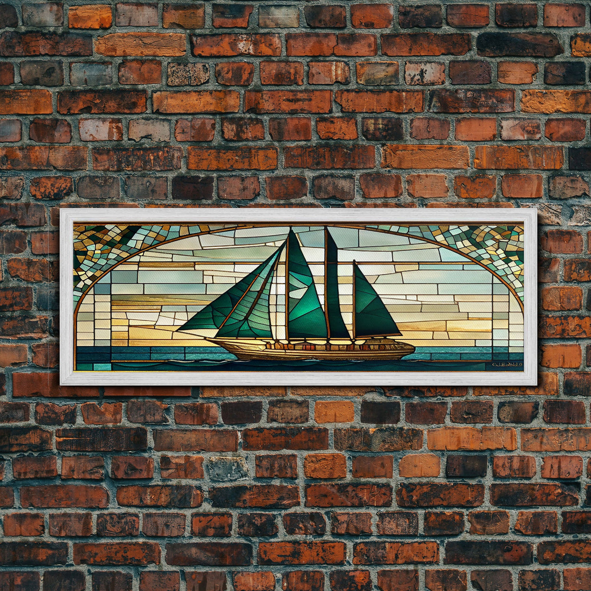 Panoramic Art Deco Sail Boat, Stained Glass, Early 20s Style Art, Roarin' 20s Art, Nautical Theme Framed Canvas Print, Extra Large Art