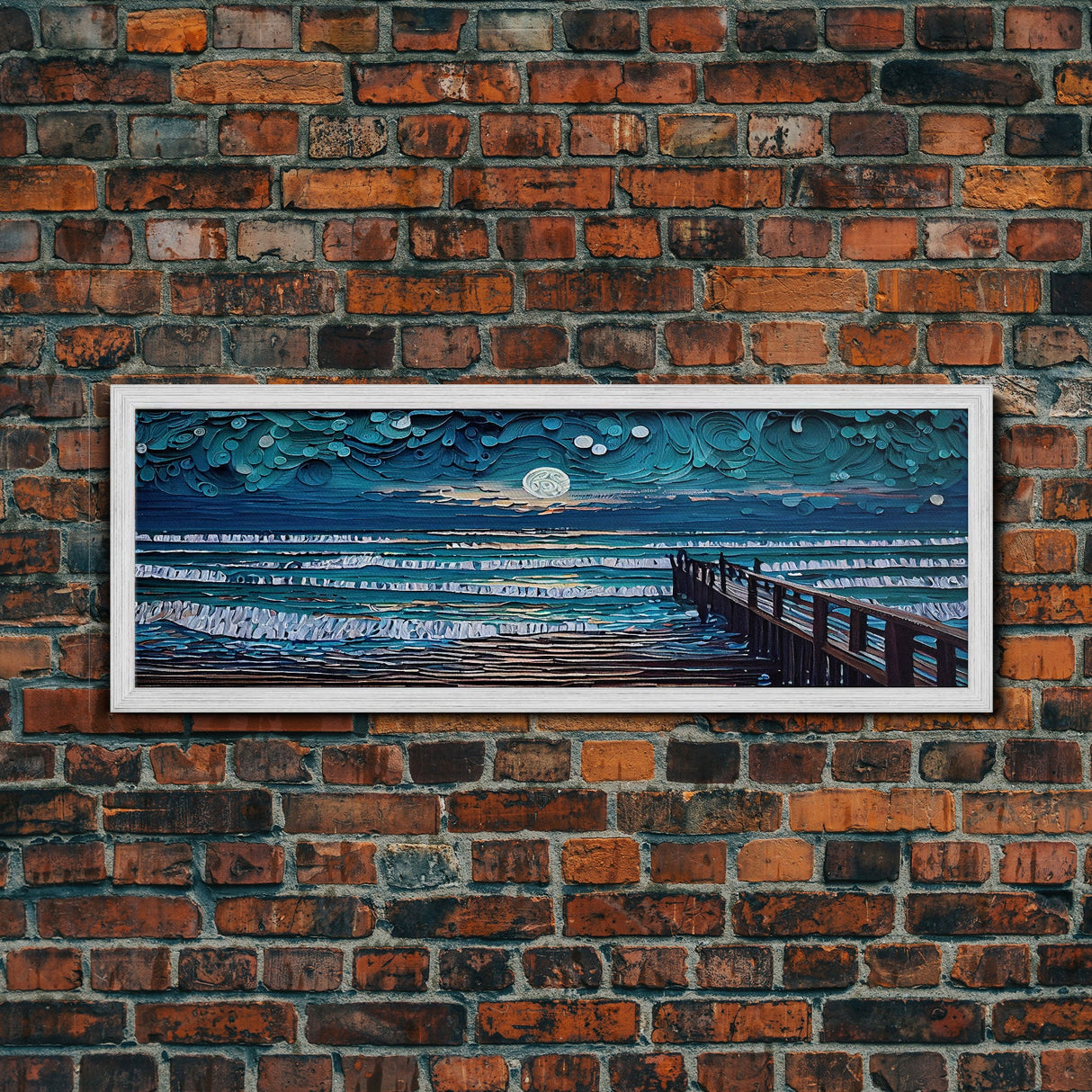 Panoramic Van Gogh Inspired Beach, Framed Canvas Print, Cool Painting, Full Moon Over Rolling Waves, Soothing Abstract Beach Decor