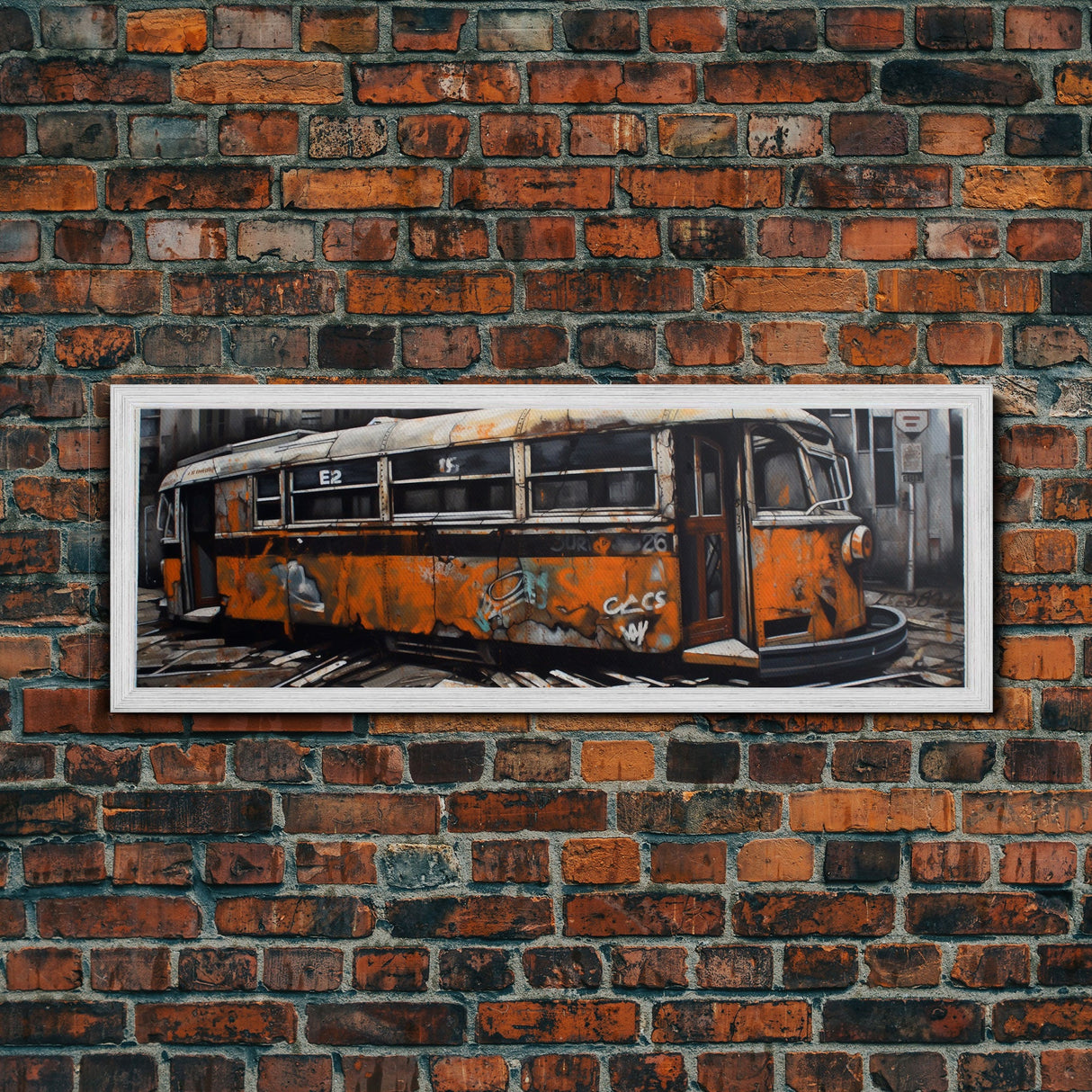 Old Abandoned Orange Streetcar Print, Graffiti Art, Urban Art Print, Street Art, Large Canvas Print, Panoramic, Wall Art, Canvas Print