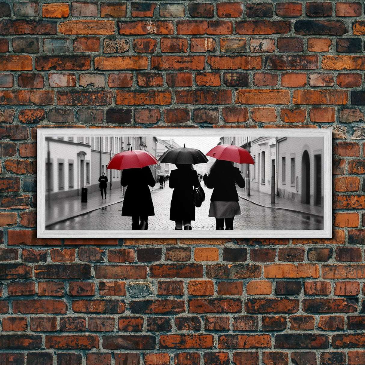 Red And Black Umbrellas, Women Walking On Street, City Art, Wall Decor, Large Urban Canvas Art Print, Panoramic, Wall Art, Canvas Print