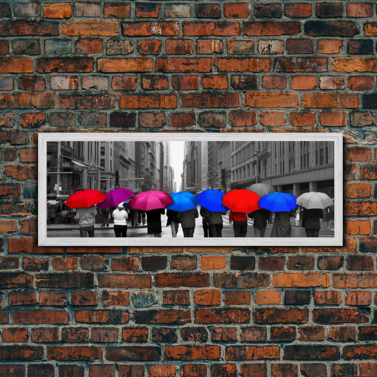 Pink Red Blue Purple Colored Umbrellas, People Walking On Street, City Art, Urban Canvas Art Print, Panoramic, Wall Art, Canvas Print