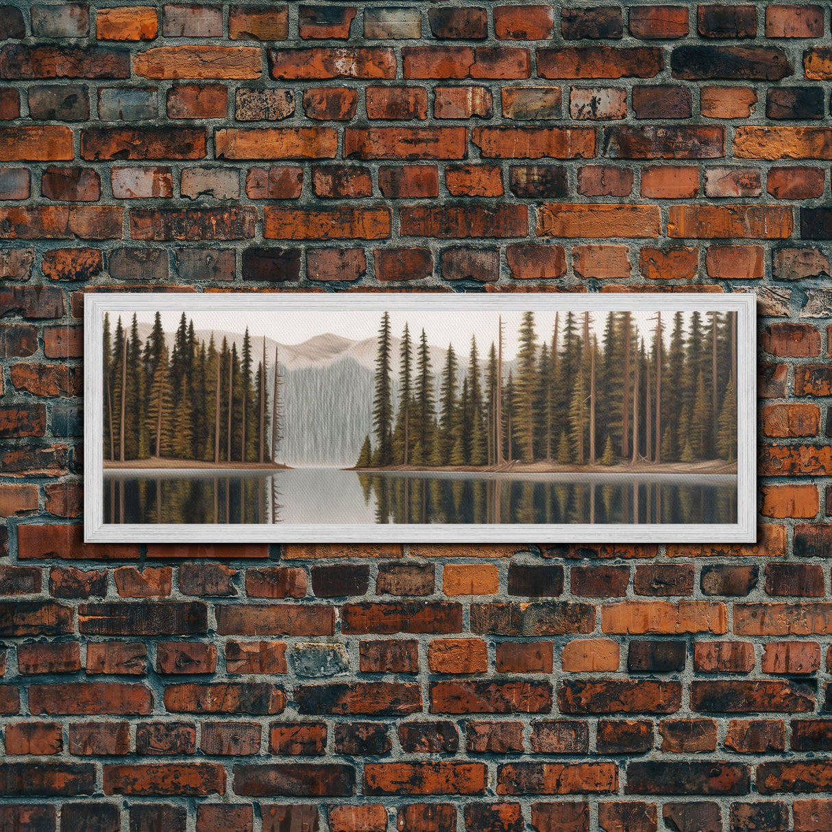 River Colored Pencil Landscape Wall Art Print, Lake, Trees, Mountain, Reflection, Large Canvas Art Print, Panoramic, Wall Art, Canvas Print