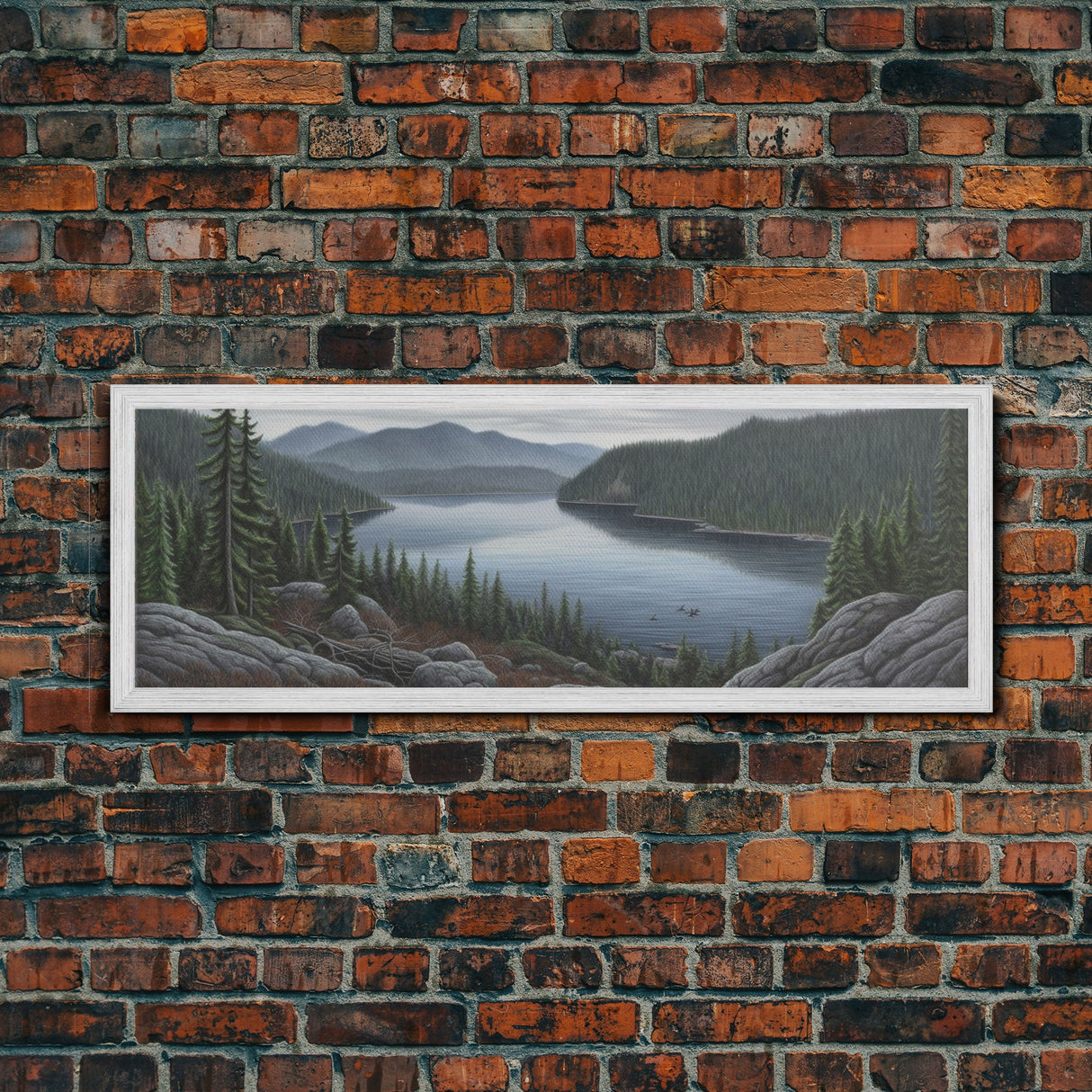 Lake Landscape Wall Art Print, Trees, Mountain, Reflection, Colored Pencil Large Canvas Art Print, Panoramic, Wall Art, Canvas Print