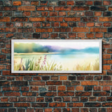 Abstract Nature Wall Art Print, Wildflowers, Lake, River,  Watercolor Art, Large Canvas Art Print, Panoramic, Wall Art, Canvas Print