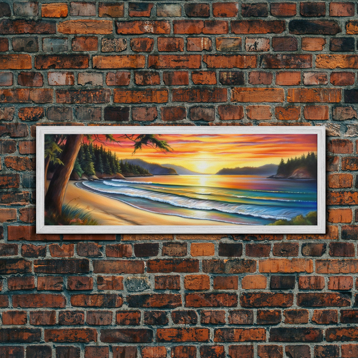 Shoreline Canvas Art Print, Cove, Trees, Mountain, Sunset, Canvas Wall Art Beach, Beach Scene Art, Panoramic, Wall Art, Canvas Print