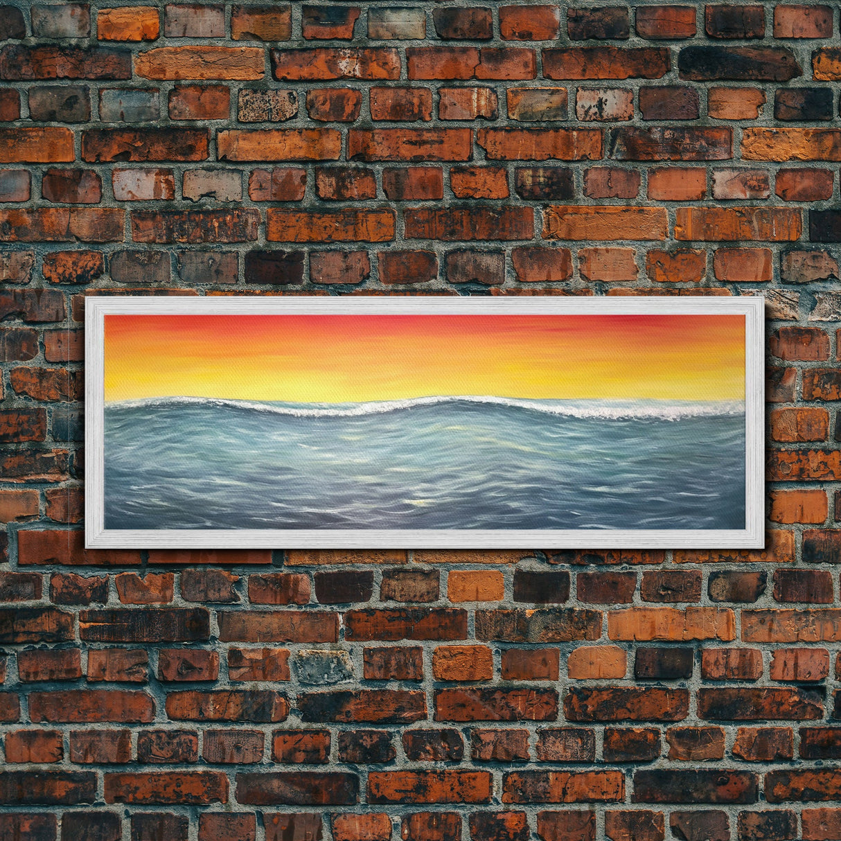 Seascape Canvas Art Print, Ocean, Waves, Horizon, Sunset, Orange, Blue, Yellow, Nature, Wall Decor, Panoramic, Wall Art, Canvas Print