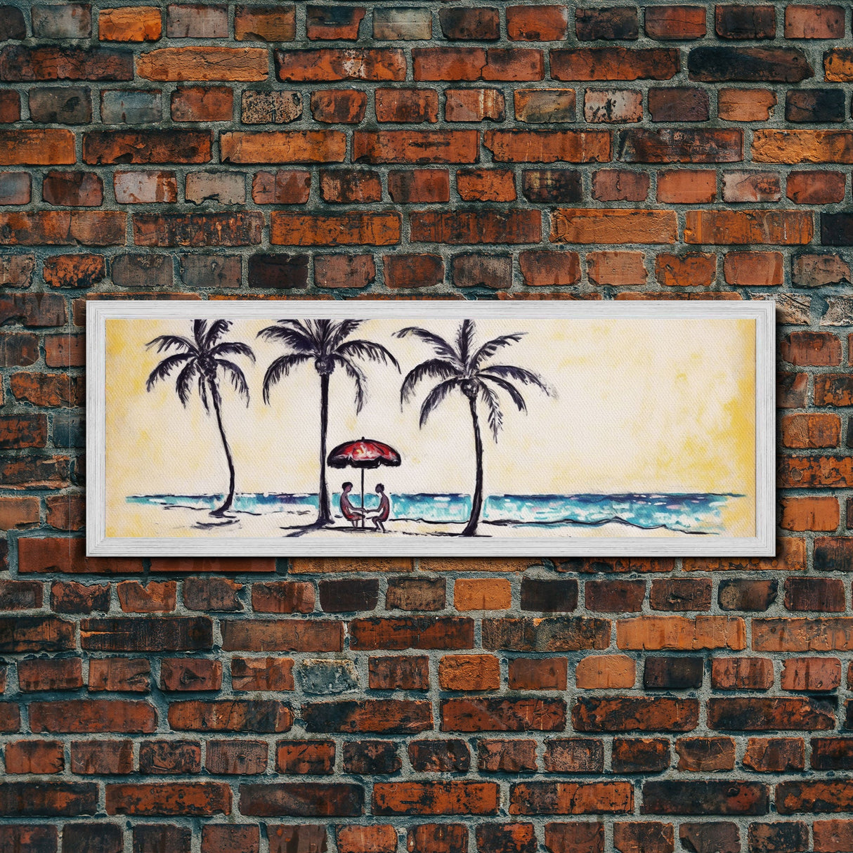 Couple In Beach Scene Art, Minimalist Beach Canvas Art Print, Palm Trees, Canvas Wall Art Beach, Panoramic, Wall Art, Canvas Print