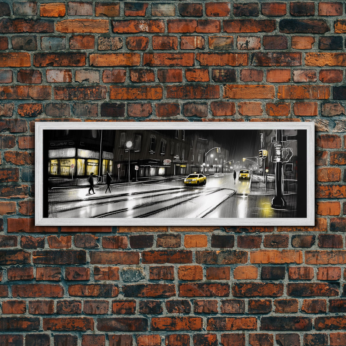 Rainy Night In City, People Crossing Street, Urban Canvas Art, Abstract City Art, Line Art City, Panoramic, Wall Art, Canvas Print