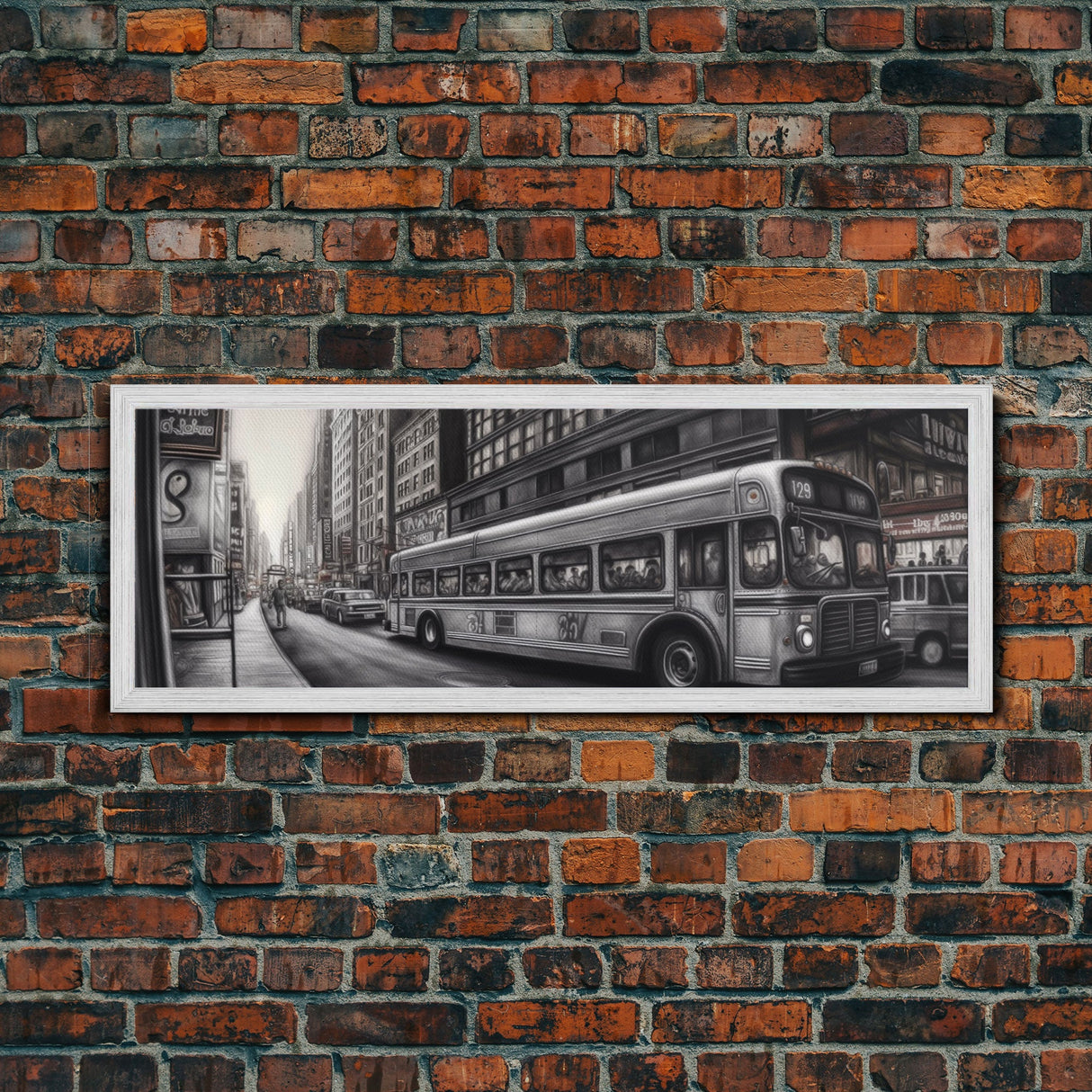 Detailed Street Pencil Sketch Canvas Print, City Wall Art, Bus, Cars, Traffic, Buildings, Urban Art Print, Panoramic, Wall Art, Canvas Print