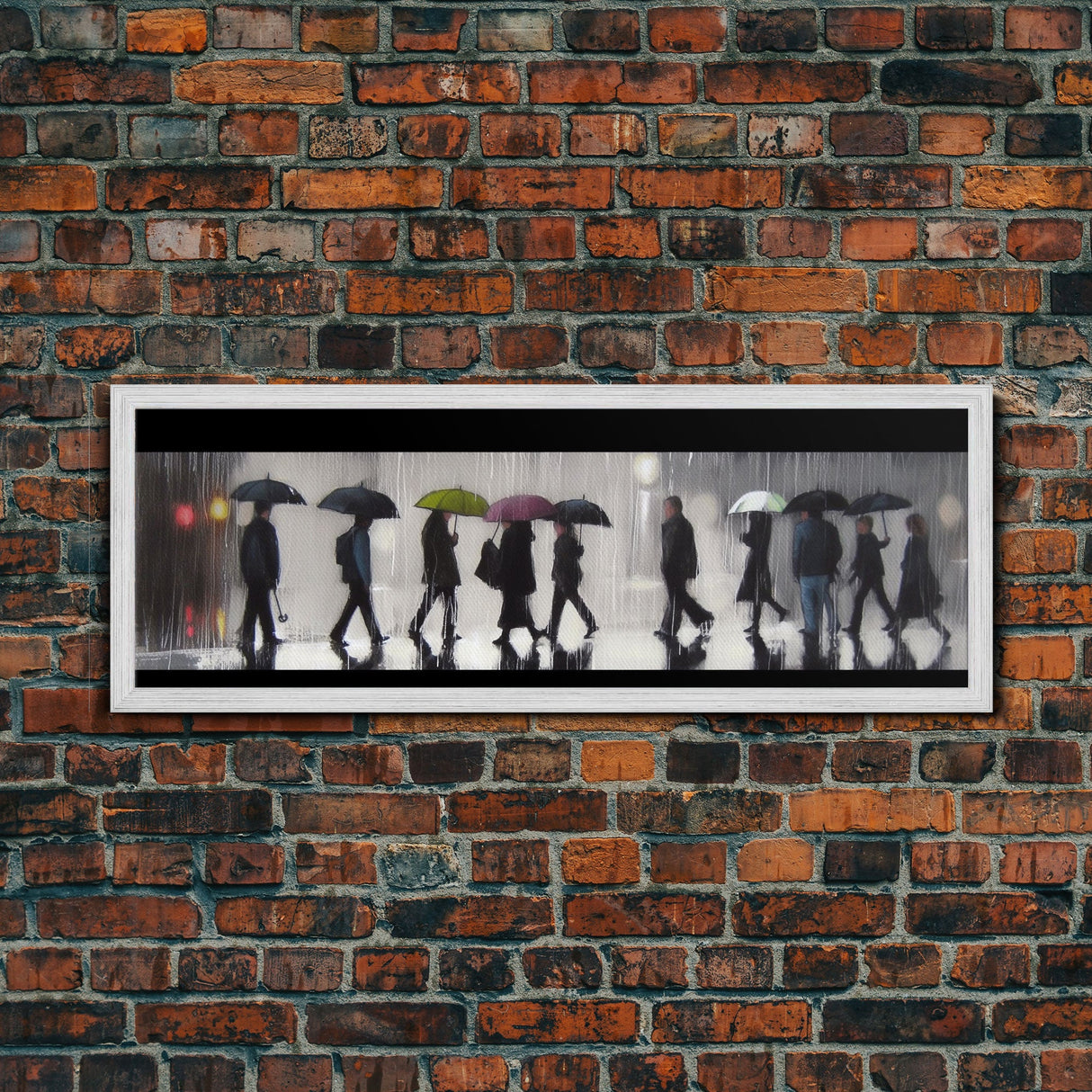 Crowd Walking With Umbrellas Canvas Print, Raining City Art, Urban Art, Large Urban Art Print, Wall Decor, Panoramic, Wall Art, Canvas Print