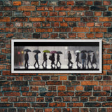 Crowd Walking With Umbrellas Canvas Print, Raining City Art, Urban Art, Large Urban Art Print, Wall Decor, Panoramic, Wall Art, Canvas Print