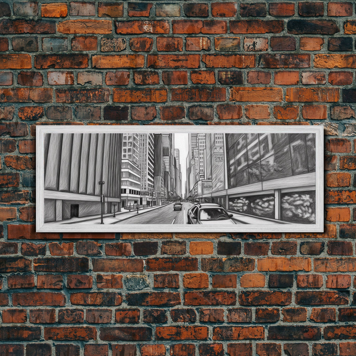 Pencil Sketch City Canvas Print, Buildings, Cars, Street, Urban Art, Large Urban Art Print, Wall Decor, Panoramic, Wall Art, Canvas Print