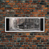 Dystopian City Canvas Print, Buildings, Man On Street, Urban Art, Large Urban Art Print, Wall Decor, Panoramic, Wall Art, Canvas Print