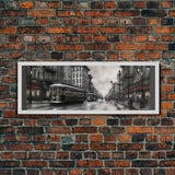 Streetcars In The City Canvas Print, Vintage Art, People On Sidewalk, City Art, Large Urban Art Print, Panoramic, Wall Art, Canvas Print