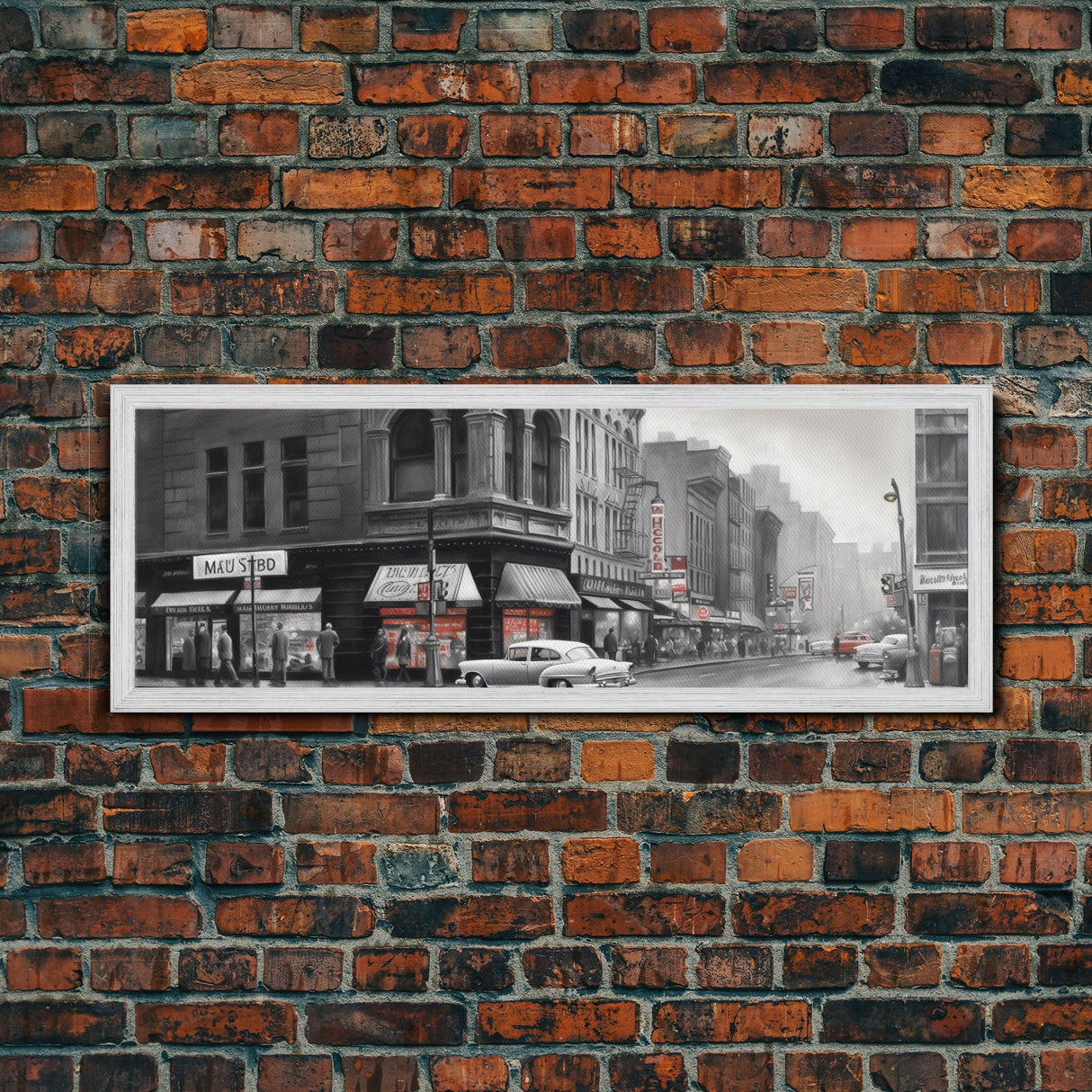 Vintage Cars City Canvas Print, Vintage Art, Buildings, People On Sidewalk, Large Urban Art Print, Panoramic, Wall Art, Canvas Print