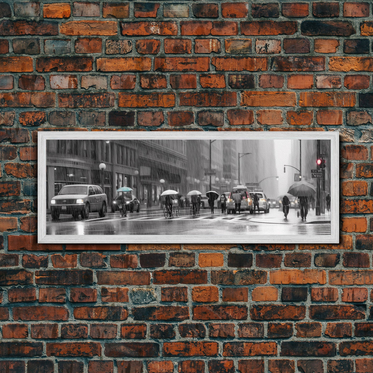 Rainy Day In The City Canvas Print, People With Umbrellas, City Art, Wall Decor, Large Urban Art Print, Panoramic, Wall Art, Canvas Print