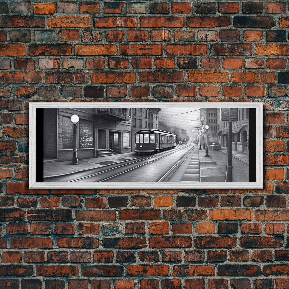 Monochromatic Tram Canvas Print, Pencil Sketch City Art, Wall Decor, Large Urban Art Print, Panoramic, Wall Art, Canvas Print