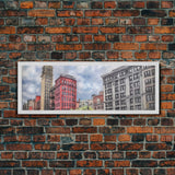 Colored Pencil City Canvas Print, Large Urban Art Print, Cityscape Art, Buildings, Red, Vibrant Art, Panoramic, Wall Art, Canvas Print