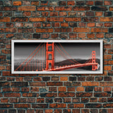 Red Suspension Bridge Canvas Print, Large Urban Art Print, City Lights, Night Scene, Mountain, Panoramic, Wall Art, Canvas Print