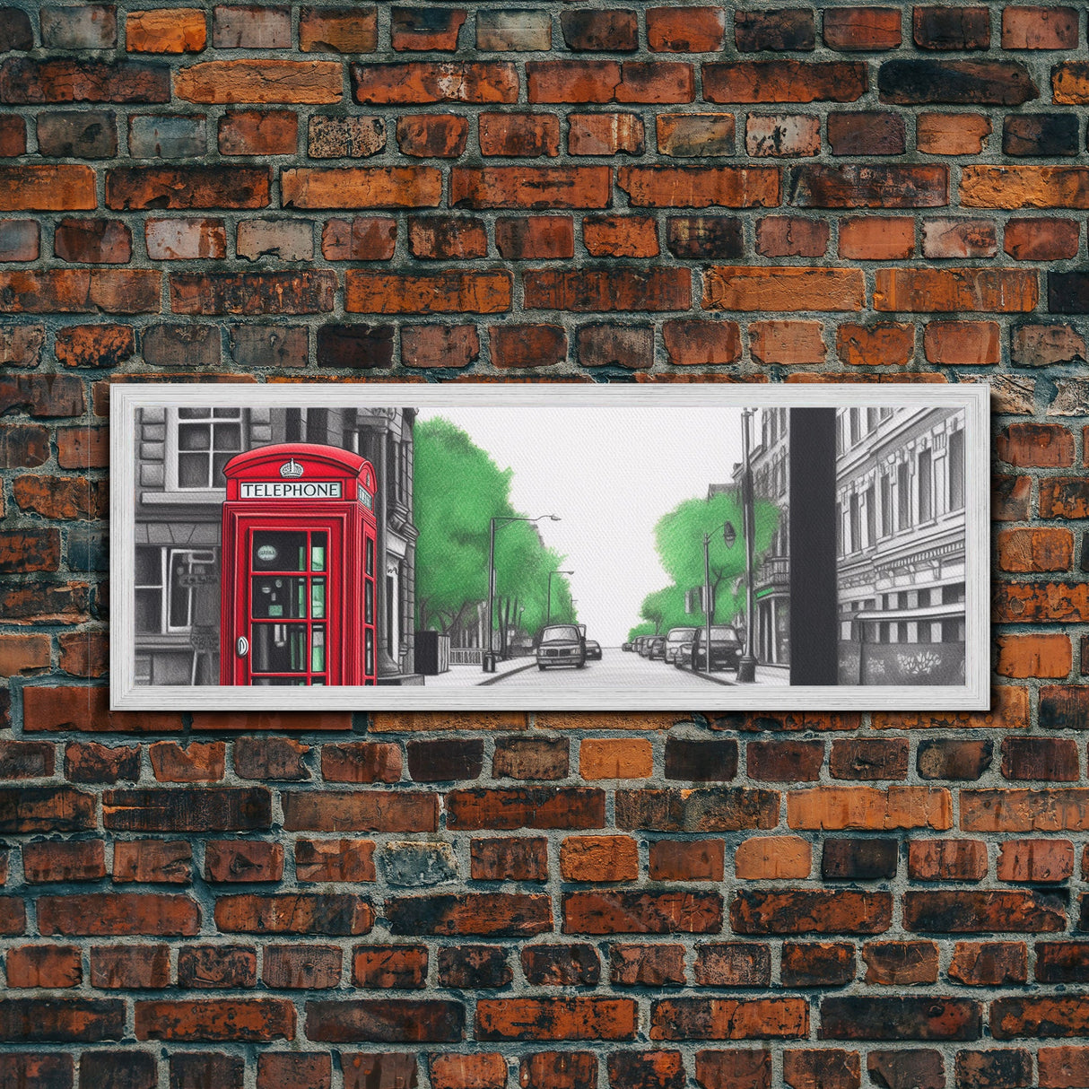 Red Vintage Phone Booth, London Art Print, Street Pencil Sketch Art, Green Trees, Perspective Art, Panoramic, Canvas Print, Wall Art