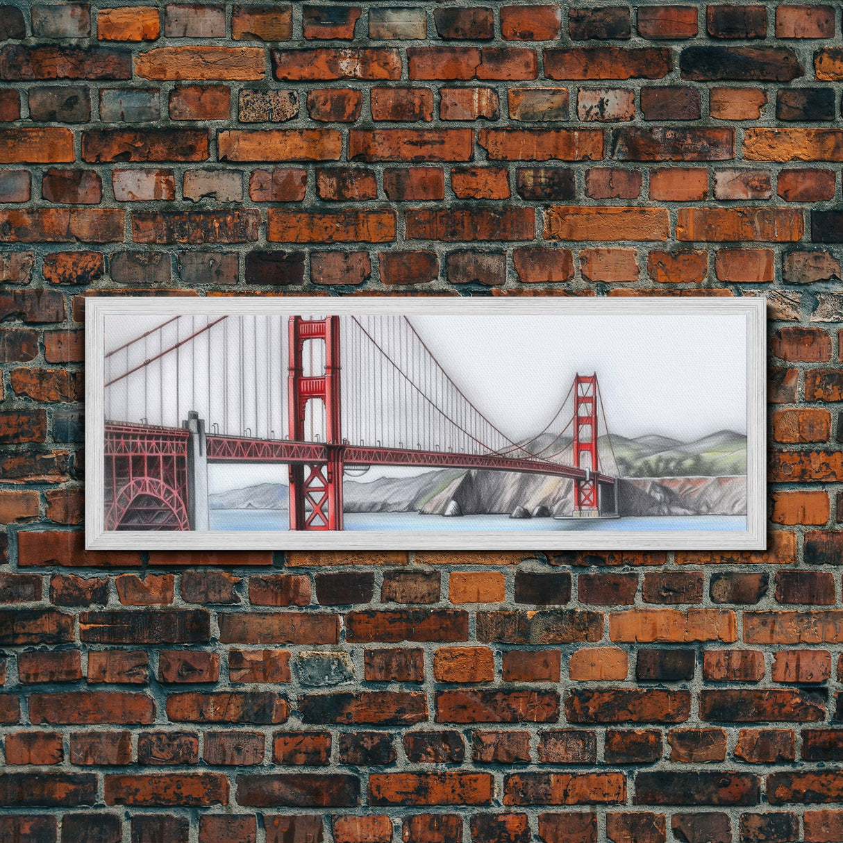 Red Suspension Bridge Canvas Print, Colored Pencil Sketch Art, Mountain, Landscape, River, Lake, Panoramic, Wall Art, Canvas Print