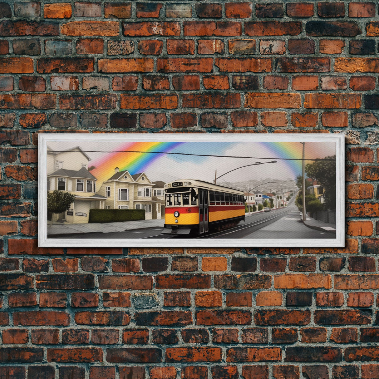 Rainbow Streetcar Canvas Print, Street Wall Decor, Urban Art, Large Canvas Print, Framed Art, Wall Decor, Panoramic, Wall Art, Canvas Print