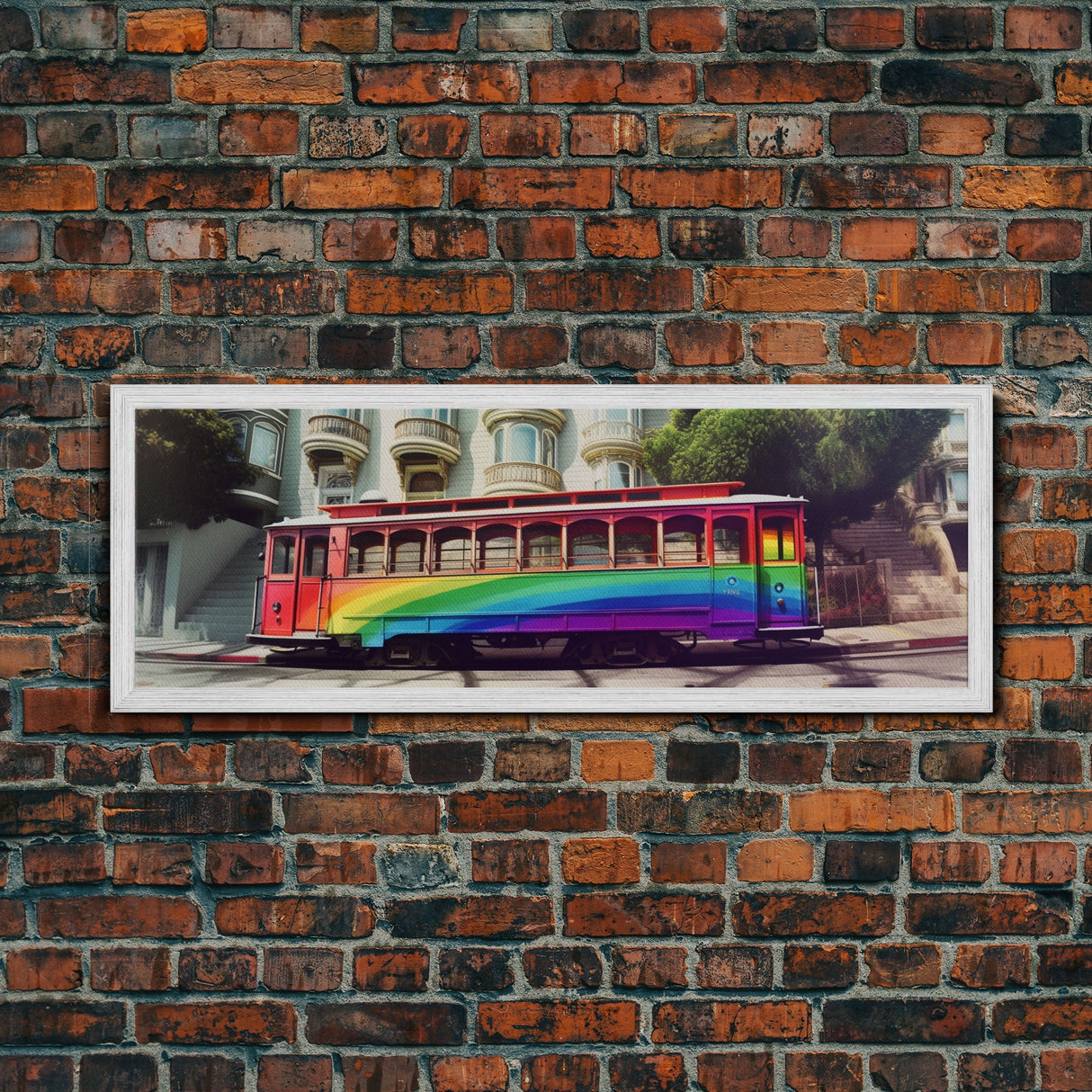 Rainbow Streetcar Canvas Print, Tram Wall Decor, Urban Art, Large Canvas Print, Framed Art, Wall Decor, Panoramic, Wall Art, Canvas Print