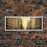 City Scape Wall Art, City Skyline Wall Art, Framed Canvas, Sepia Art, Perspective Art Print, Wall Decor, Panoramic, Wall Art, Canvas Print