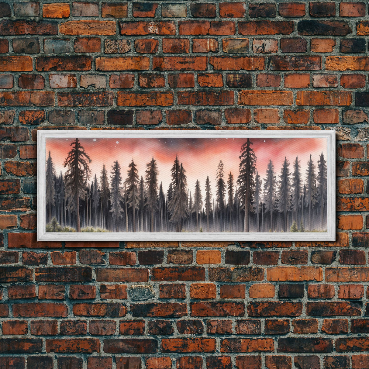 Woods Wall Art, Forest Art Print, Pink Sky, Pine Trees, Framed Canvas Print, Colored Pencil Art, Panoramic, Wall Art, Canvas Print