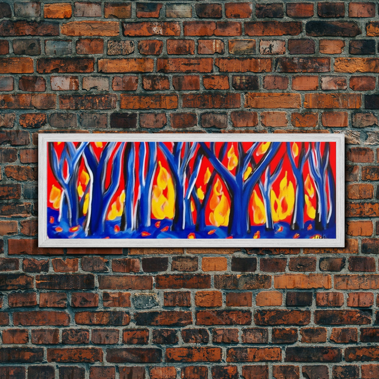 Forest On Fire, Red Flames, Blue Trees, Abstract Forest Art, Canvas Wall Decor, Large Art Print, Panoramic, Wall Art, Canvas Print