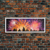 Fireworks Over Forest Canvas Art Print, Woods, Pines Trees, Wall Decor, Framed Large Canvas Print, Panoramic, Wall Art, Canvas Print