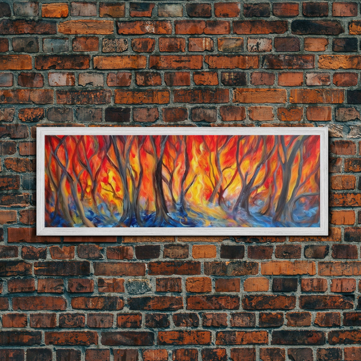 Flames In The Woods Canvas Art Print, Forest Fire, Red Flame, Wall Decor, Framed Large Canvas Print, Panoramic, Wall Art, Canvas Print