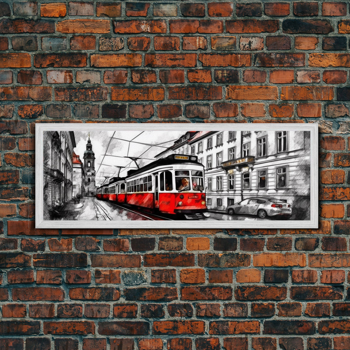 Marker Sketch Wall Art, Streetcar Wall Decor, Bell Tower, Street Art Print, Wall Art Decor, Panoramic, Framed Art, Canvas Print, Landscape