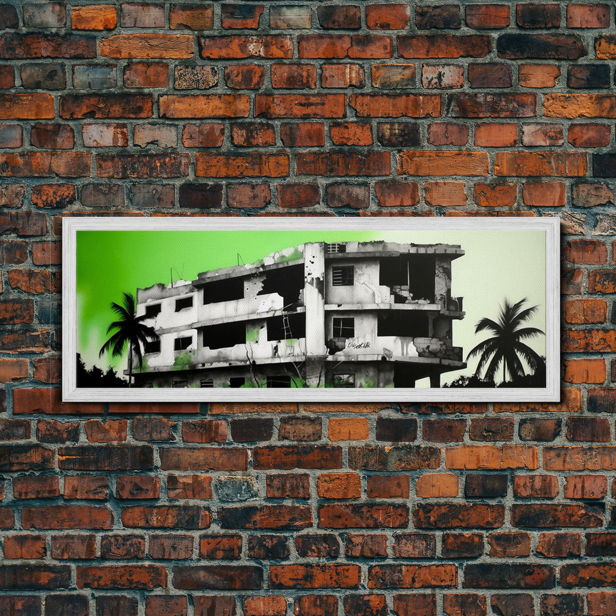 Torn Down Building Art Print, Ruins, Abandoned Structure, Green Background, Large Framed Canvas Print, Panoramic, Wall Art, Canvas Print