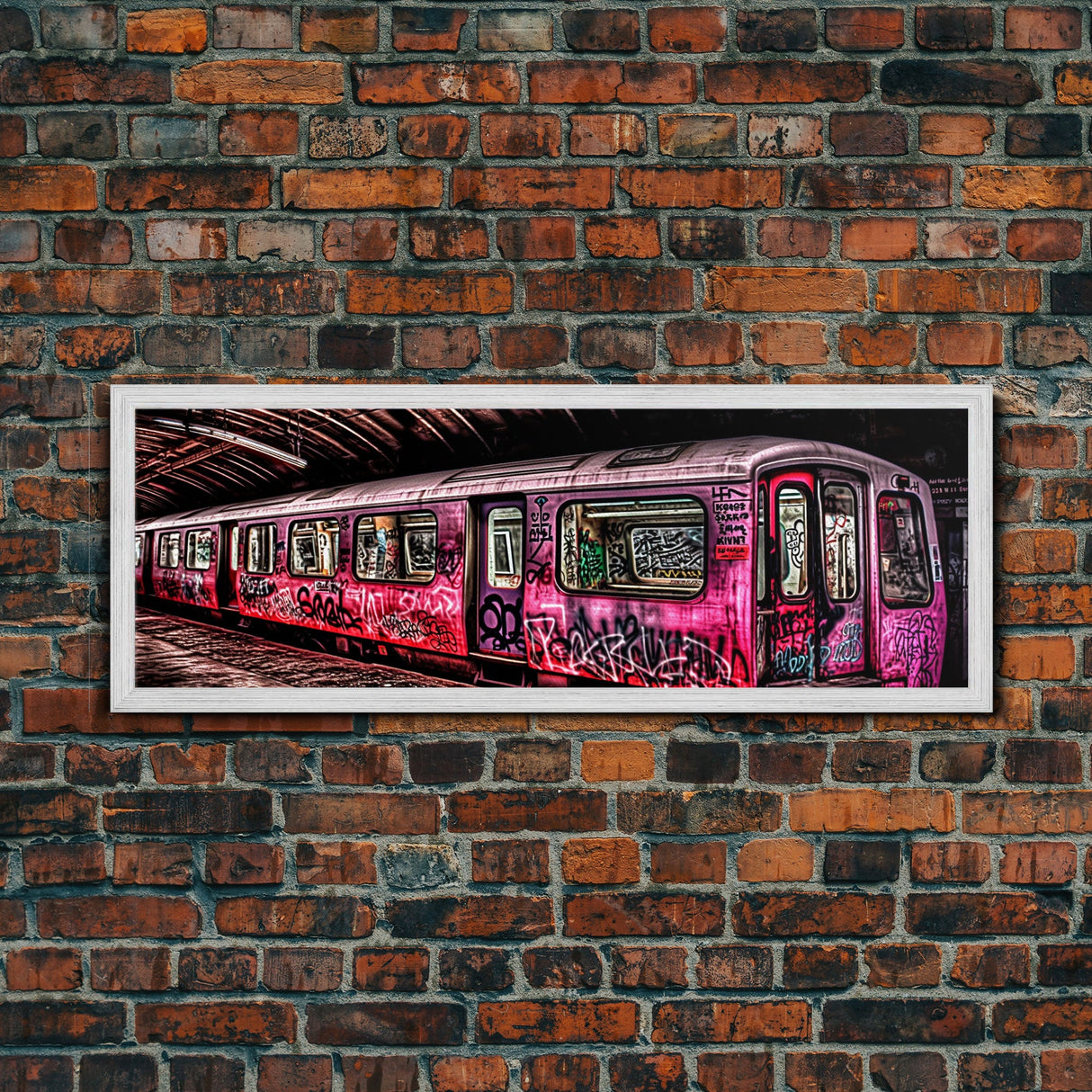 Pink Subway Train Canvas Art Print, Abandoned Train, Graffiti Art, Wall Decor, Large Framed Canvas Print, Panoramic, Wall Art, Canvas Print