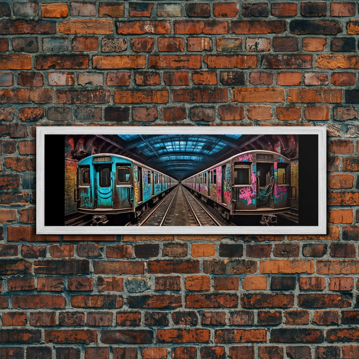 Urban Art Print, Graffiti On Abandoned Subway Train, Teal And Pink, Wall Decor, Large Framed Canvas Print, Panoramic, Wall Art, Canvas Print