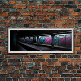 Urban Art, Graffiti On Subway Train, Pink And Teal Graffiti Art Canvas, Wall Decor Framed Canvas Print, Panoramic, Wall Art, Canvas Print