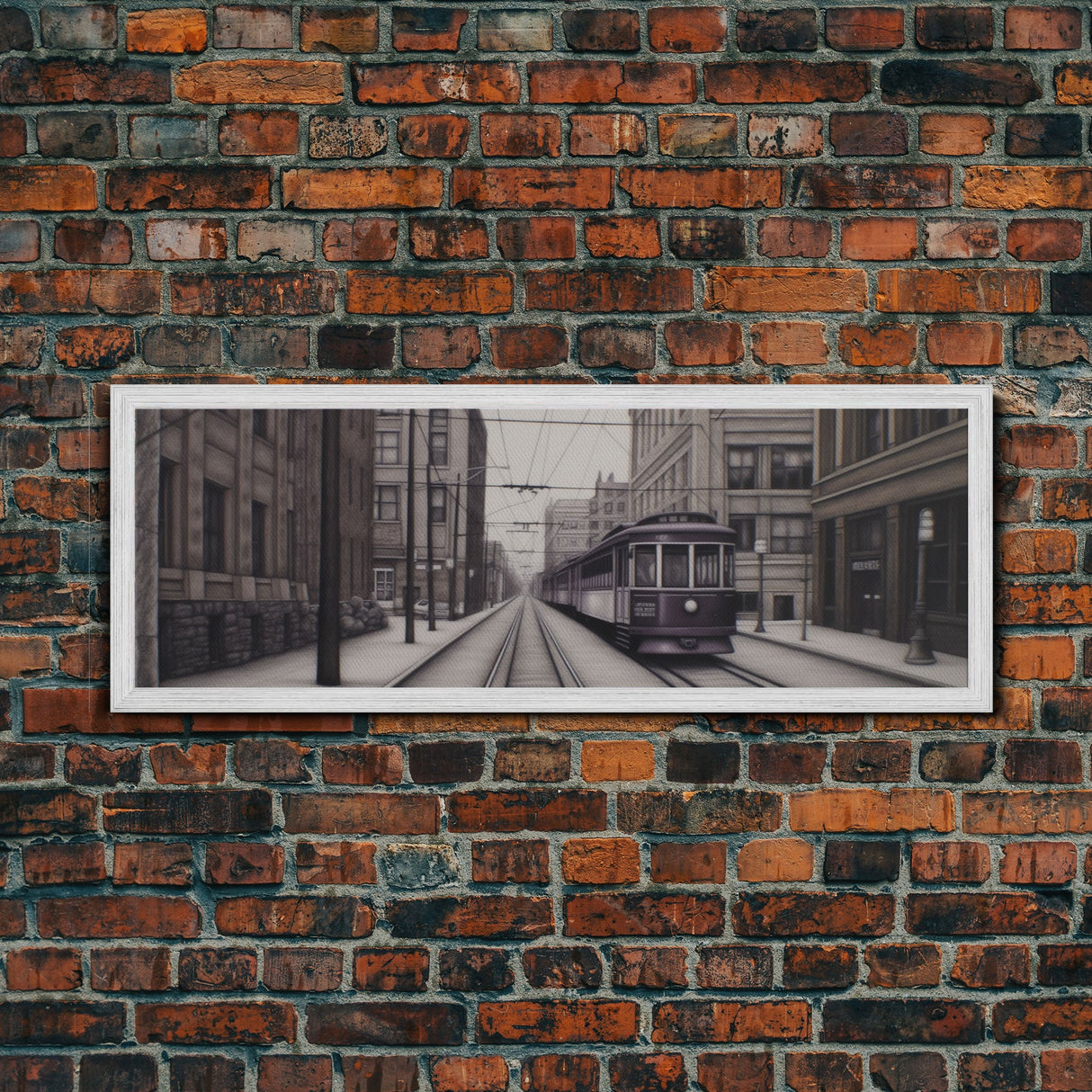 Streetcar Urban Art Print, Purple Train, Perspective Art, City Art, Urban Canvas Print, Panoramic, Wall Art, Canvas Print