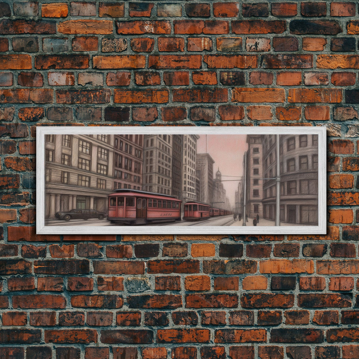 Colored Pencil Streetcar Urban Art Print, Red Train, Tram In The City, Sketch Art, City Art, Urban Print, Panoramic, Wall Art, Canvas Print