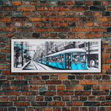 Teal Train, Tram In The City, Urban Art Painting, Large Mixed Media Art, Streetcar Print, City Art, Panoramic, Wall Art, Canvas Print