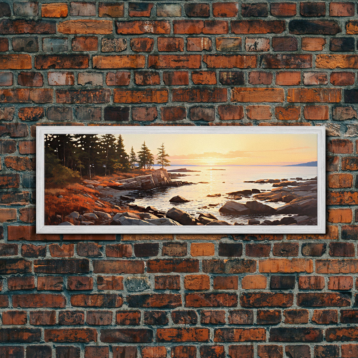 Watercolor Panoramic Acadia National Park Horizontal Framed Canvas Print, Extra Large Art, Large Wall Art, Landscape Paintin