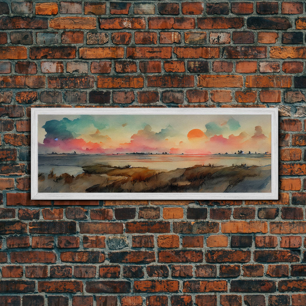 Watercolor Landscape Painting Print, Ready To Hang Panoramic Canvas Print, Whimsical Water Color Sunset, Hazy Smoky Sky