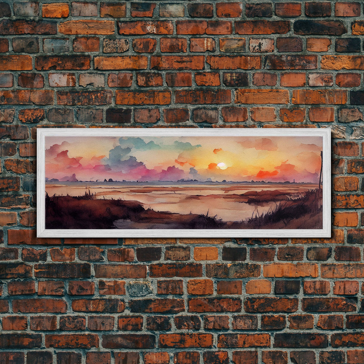 Watercolor Landscape Painting Print, Ready To Hang Panoramic Canvas Print, Whimsical Water Color Sunset, Hazy Smoky Sky, Huge Wall Art