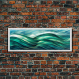 Sea Green Ocean Waves, Ready To Hang Canvas Print, Panoramic Art Deco Style Wall Decor, Emerald Green Wall Art