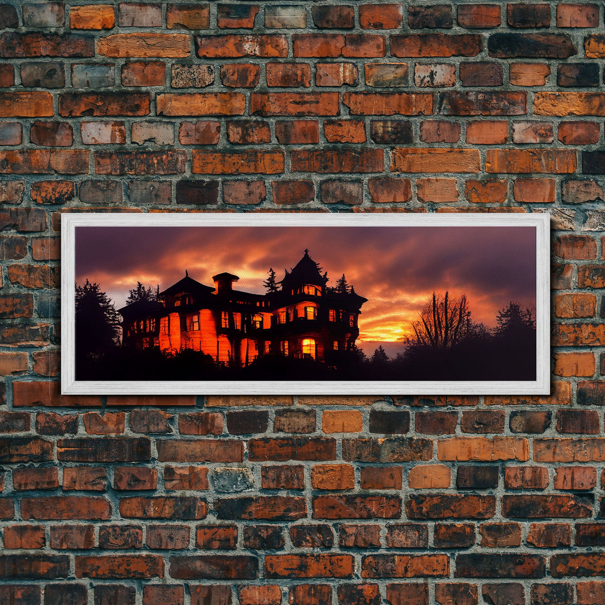 Spooky Haunted House, Panoramic Wall Art Canvas Print, Ready To Hang, Creepy Wall Decor, Gloomy Art